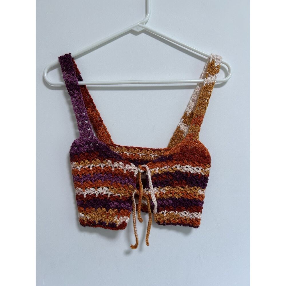 Hippie‎ Crochet Bra Top Bralette Handmade Size Small Orange Stripes Tie Front